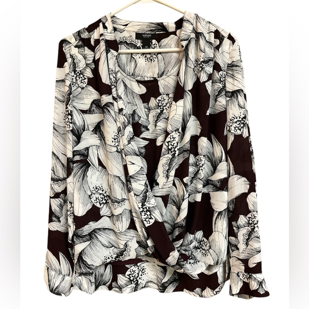 Alfani Long sleeved Roll Tab Surplice Crossbody Floral Blouse Career Size 14P